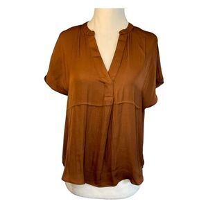 Madison d'Amelie Blouse Chocolate Brown Satin Notch Collar Short Sleeves XS